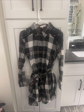 Rye Black and White Plaid Lace-Shoulder Shirt Dress